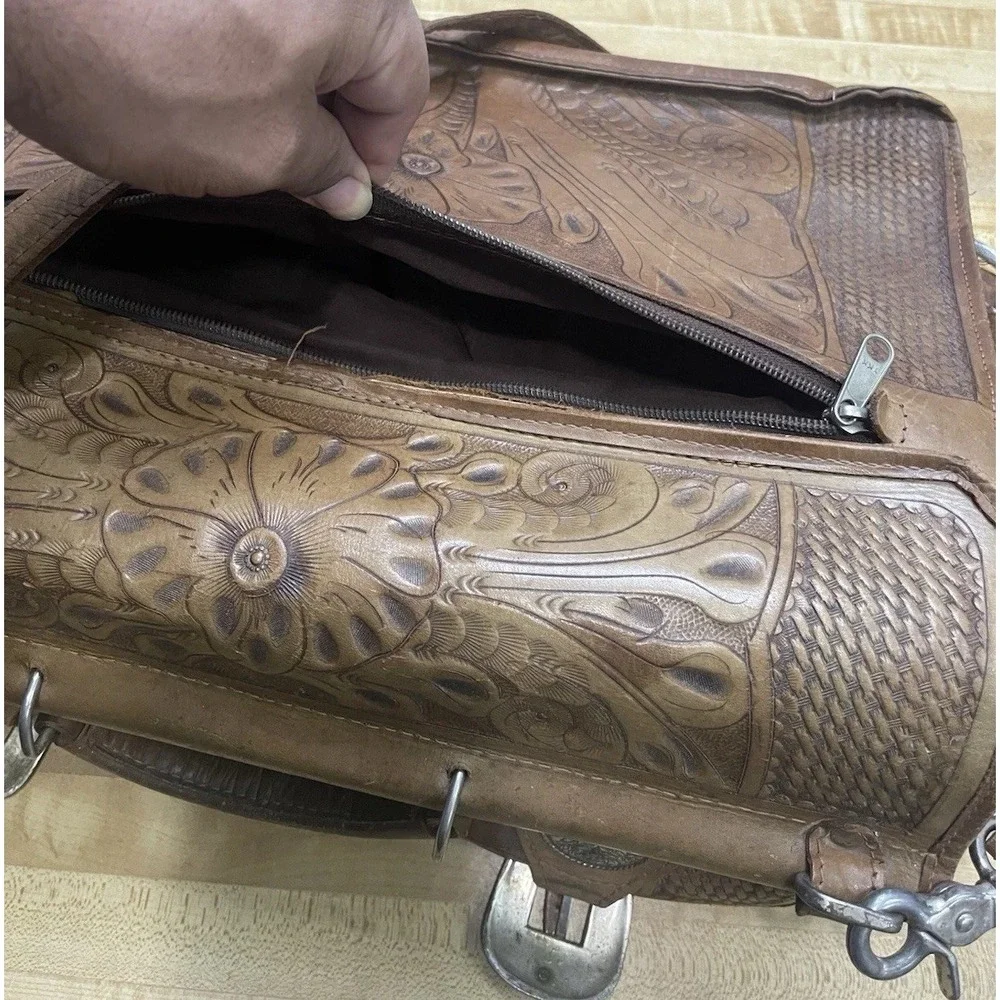 Vintage American West Tooled Leather Briefcase Messenger Laptop Bag Brown USA